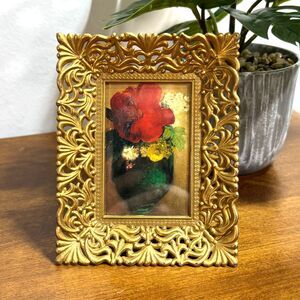 Vintage Picture Frame Antique Ornate Gold Floral Art 2.25x3.5" Plastic HK